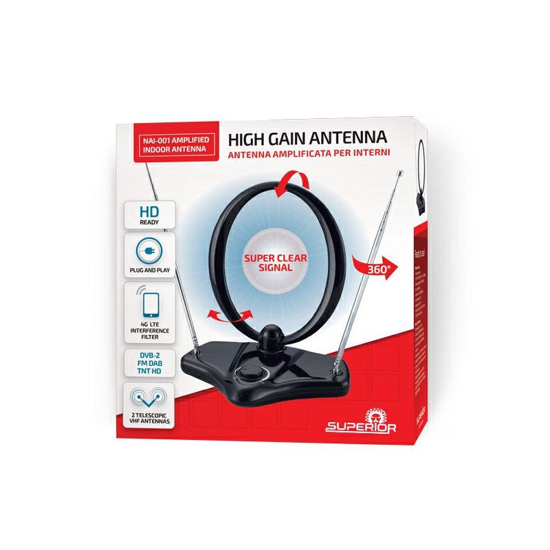 Superior Antenna TV Amplificata per Interni DVB-2 FM DAB TNT – Ricezione Potente