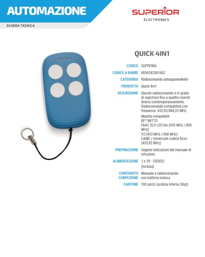Superior Telecomando Programmabile Canali Quick 4 - Telecomando Cancelli